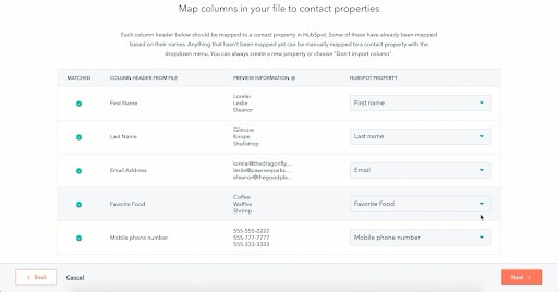 Columns of a imported object or file - HubSpot Snowflake